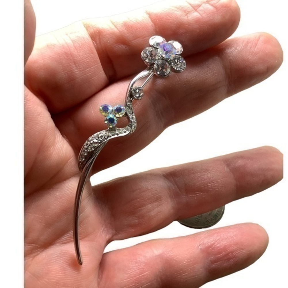 3” silver tone cubic zirconia flower brooch